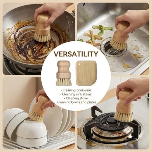 2 Pack Bamboo Dish Scrub Brush with Bamboo Pan Scraper Pot Scraper Non-Scratch Dish Scrapers Kitchen Cleaning Tools for Cast Iron Skillets, Cookware, Dishes, Pans Bowls, Plates and Pots - Image 5