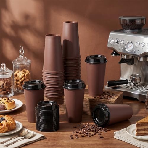 Honeydak 45 Pack 16 oz Reusable Coffee Cups with Lids Water Bottle Iced Coffee Travel Mug Portable Plastic Tea Tumblers Bulk for Hot and Cold Drinks Birthdays Party (Brown,Classic) - Image 2