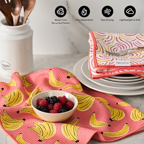RECYCO Waffle Kitchen Towel Set of 2 - Quick Dry Microfiber Sustainable Dish Towels - Ultra Absorbent Reusable Cleaning Tea Towels - Lightweight Hand Towels,16”x 28”, Banana Joy - Image 2