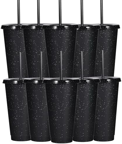 Suertestarry Tumbler with Straw and Lid,Water Bottle Iced Coffee Travel Mug Cup,Reusable Plastic Cups,Perfect for Parties,Birthdays,24oz-10 Pack (Black Glitter, 10 pack) by Suertestarry