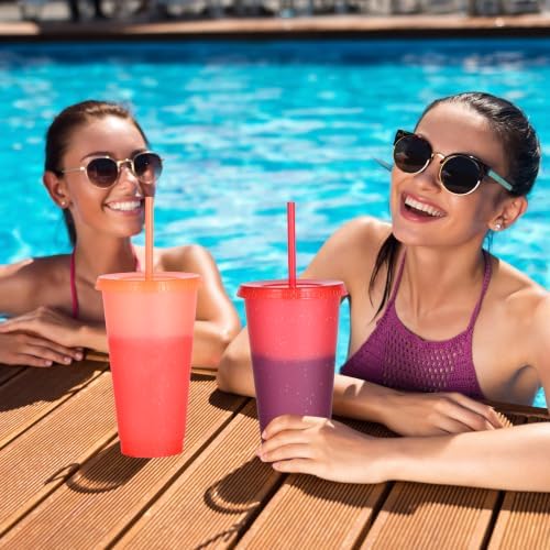 Color Changing Cups, 12 Pack 24oz Plastic Tumblers, Reusable Iced Coffee & Smoothie Cups with Lids and Straws for Parties and Travel (Cranberry, 12 Pack) - Image 4