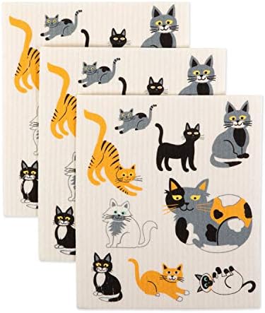 DII Swedish Dishcloths for Kitchen & Cleaning, Reusable, Machine Washable & Dishwasher Safe, Biodegradable, 7.75 x 6.75, Cats Everywhere!, 3 Piece by DII