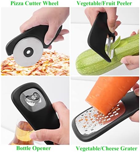 Kitchen Gadgets Set 6 Pieces, Space Saving Cooking Tools Kitchen Accessories-Garlic Grinder, Cheese Grater, Vegetable Peeler, Pizza Cutter, Herb Stripper, Bottle Opener, Gadgets Gift Set (Black) - Image 6