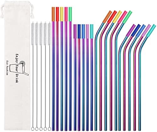 20 Pcs Rainbow Color Reusable Stainless Steel Straws,10.5" & 8.5" Reusable Drinking Straws with 20 Silicone Tips 5 Straw Brushes 1 Travel Case,Eco Friendly Extra Long Metal Straw for 20 30 oz Tumbler by MUTNITT