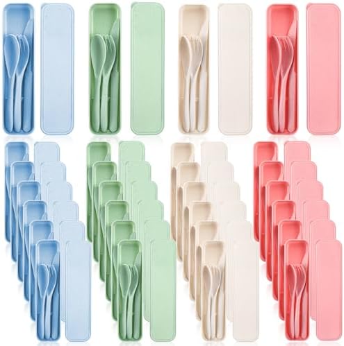 Reusable Utensils Set with Case, 28 Sets Wheat Straw Lunch Utensil Set, Portable Spoon Fork Knife Cutlery for Travel Camping Picnic Office Bento Box, Eco-Friendly BPA Free Tableware by Unknown