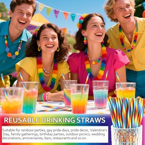 JANYUN 30 Pieces Rainbow Drinking Straws, 9inch Hard Platic Reusable Straws LGBT Gay Pride Colorful Rainbow Striped Straw for Pride Party Favors Decorations with Cleaning Brush - Image 5