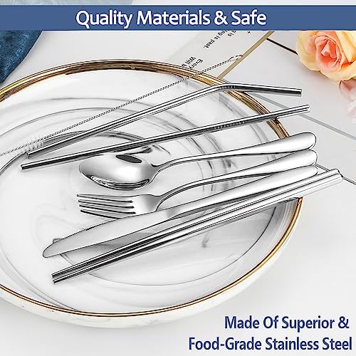 Portable Reusable Travel Utensils Silverware with Case,Camping Cutlery set,Chopsticks and Straw, Flatware Cutlery Set with Case, Stainless steel Travel Utensil set Top (Silver) - Image 6