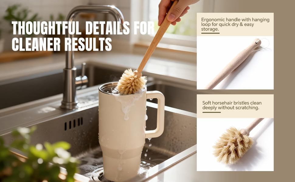 Wooden Dish Brush - Round Kitchen Scrub Brush for Pots, Pans & Cast Iron Skillets - Heavy Duty Vegetable Scrubber & Sink Cleaner (Natural Beech) - Image 6
