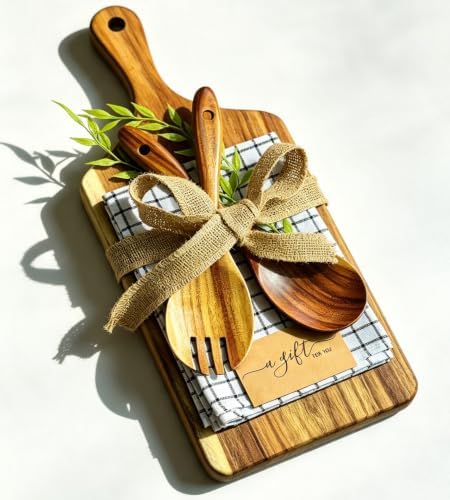 ZeQi Acacia Wood Cutting Board Gift Set, Perfect Housewarming Gift, Ideal Holiday Gift, Premium Wooden Serving Board with Salad Spoon & Fork, Linen-Look Napkin, Kitchen Utensil Set for Serving, Decor by ZeQi