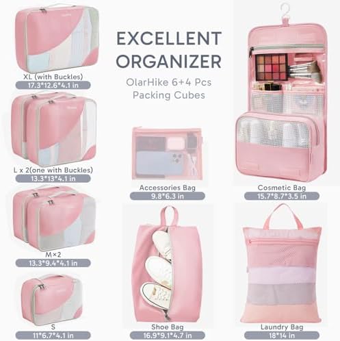 OlarHike Packing Cubes for Travel,Gifts for Women Mom,Anti-Tearing Suitcase Organizer for Luggage with Shoe & Hanging Toiletry Bag,Vacation Essentials & Accessories for Cruise Ship,10 Set,Pink - Image 2