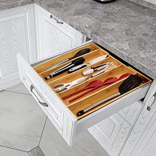 Purawood Kitchen Drawer Organizer, 2 Pack - Expandable Utensil Drawer Organizer for Kitchen, Cutlery Tray & Silverware Organizer, 3-5 Slots - Bamboo Organizer for Utensils & Flatware (Natural) - Image 6