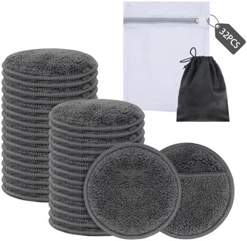 SUNLAND Reusable Makeup Remover Pads for Face,Eye,Lips 32 Pack Microfiber Face Cleansing Gloves Washable with Laundry Bag and Travel Bag Rounds Toner Pads（Round 3.15inchx32,Dark Grey） by SUNLAND