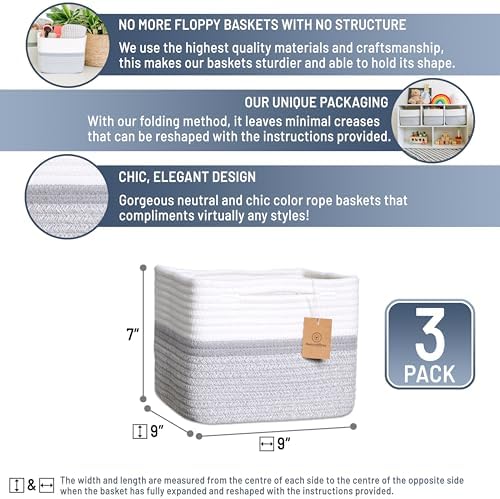 NaturalCozy Storage Cubes 9”x9”x7”Cotton Rope Woven Baskets for Organizing 3-Pack | 9 Inch Cube Storage Bin | Small Basket for Shelf Nursery, Pantry, Decorative Plant, Bathroom Closet, Toy Gift - Image 2
