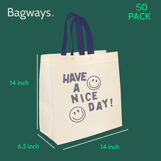 Bagways 50 PACK Reusable Grocery Bags with Handles, Durable, Foldable, Washable Eco-Friendly Shopping Tote Bags Bulk, 14x6.5x14 Inch, Cream/Blue Design