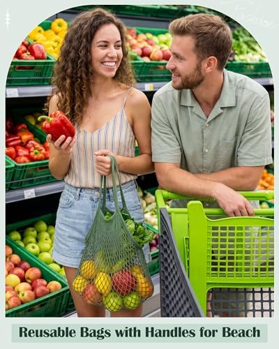 Eccliy 12Pcs Reusable Cotton Mesh Grocery Bag with Handle, Green, 10 in - Image 2
