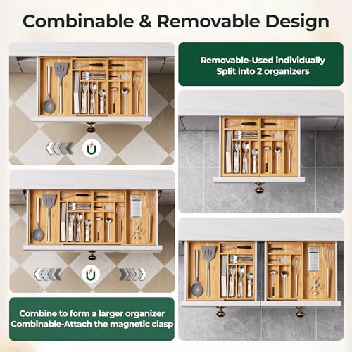 Large Silverware Organizer, 13 Slots Magnetic Connected Expandable Bamboo Utensil Drawer Organizer From 21 to 37.4 Inches, Adjustable Flatware and Cutlery Holder, Utensil Tray for Kitchen Natural - Image 5
