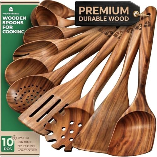 Wooden Spoons for Cooking – 10 Pcs Non Toxic Teak Kitchen Utensils Set by Woodenhouse