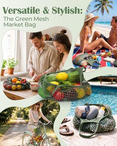 Eccliy 12Pcs Reusable Cotton Mesh Grocery Bag with Handle, Green, 4 in - Image 6