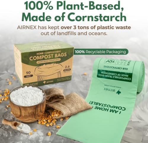 AIRNEX Small Compost Bags 2.6 Gal - 50 Compostable Kitchen Trash Bags for Countertop Bin - Cornstarch Leakproof & Tear-Resistant - OK Compost Home & Seedling Certified 0.18 mm Kitchen Garbage Bags - Image 4