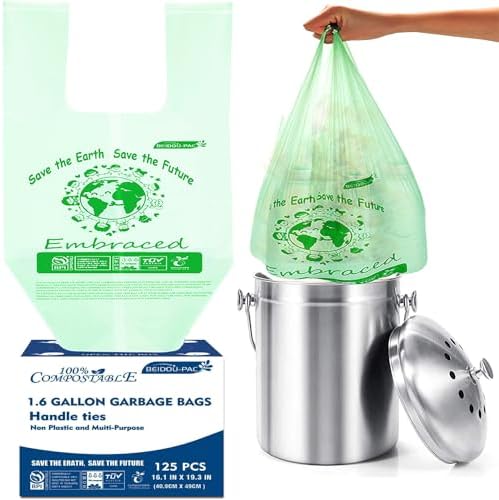 BEIDOU-PAC 1.6 Gallon Certified Compostable Trash Bags with Handle, 125 Count Small Compost Kitchen Garbage Bags, Food Scrap Waste Bags for Countertop Bin, Meets ASTM D6400 US BPI Certified by BEIDOU-PAC