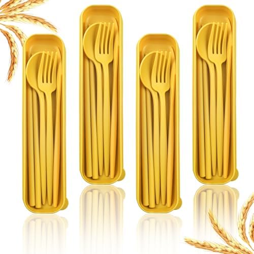 4 Sets Reusable Utensils Set with Case,Camping Cutlery Set Travel Silverware Set with Case Lunch Utensils Set for Work,Utensil Sets for Lunch Picnic Daily Use Outdoor (Yellow) by ZGQHZR