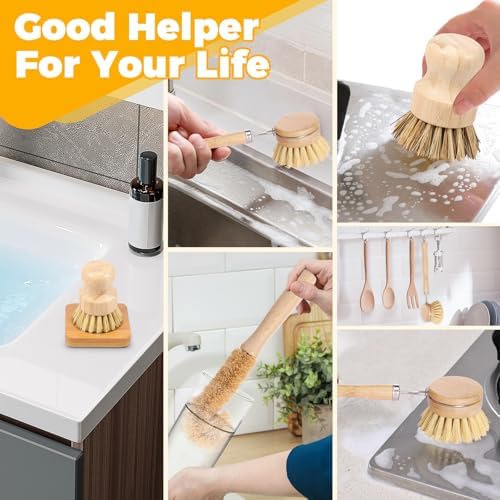 Bamboo Dish Brush Set, 5 Pcs Wooden Kitchen Scrubber – Long Handle Dish & Cup Brush, Short Handle Sisal & Coarse Brown Brush, Includes Square Tray, Ergonomic Natural Cleaning Kit for Pots Pans Bottles - Image 5