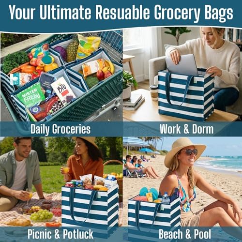 VENO 4 Pack Large Grocery Bag Reusable Shopping Bags with Hard Bottom - Image 5