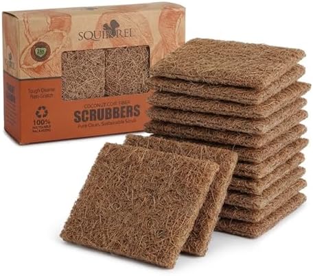 SQUIRREL Natural Coconut Coir Fiber Kitchen Scrubbers 12 Pack Biodegradable Non Scratch Dish Sponges for Eco Friendly Household Cleaning and Zero Waste Living by SQUIRRELUSLLC
