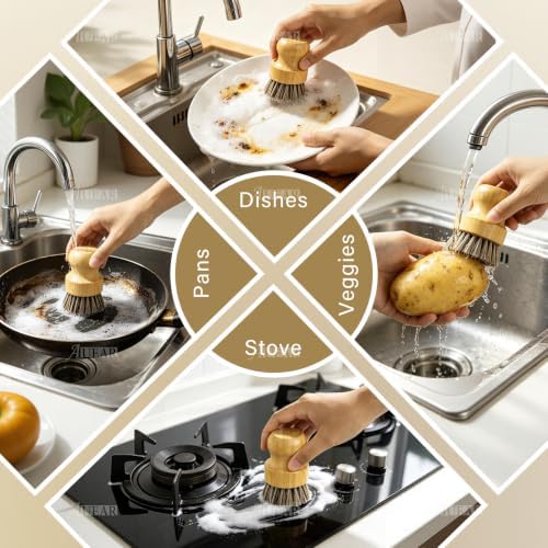 AUEAR, Natural Bamboo Dish Scrub Brush Cleaning Pot Scrubber Brushes Coconut Bristles for Cast Iron Skillet Pots Pans (4 Pack) - Image 6