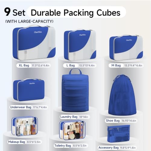 OlarHike Packing Cubes for Travel,Gifts for Women Mom,Anti-Tearing Suitcase Organizer for Luggage with Shoe & Hanging Toiletry Bag,Vacation Essentials & Accessories for Cruise Ship,9 Set,Klein Blue - Image 2