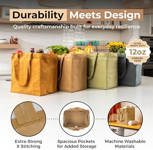 VeraMia Canvas Grocery Bag 3pc XL Set with Real Pockets, Long Shoulder Strap and Short Handle. Heavy Duty, Foldable, Washable - Image 4