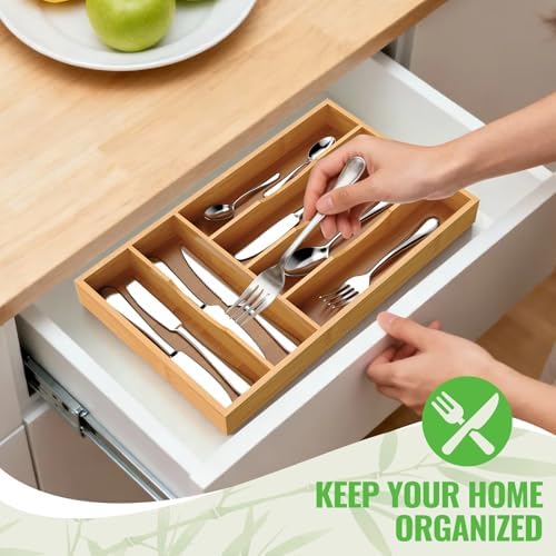 Bamboo Silverware Organizer, Bamboo Kitchen Drawer Cutlery Organizer, Utensil Holder, Flatware Organizer Tray (15.8"x9.5"x1.6") - Image 4