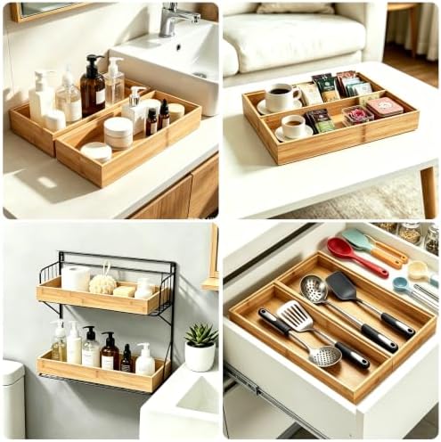 Kitchen Bamboo Drawer Organizer Set of 2, Large Wide Stackable Drawer Organizer for Silverware, Utensils, Cutlery, Flatware, Junk Drawer, Dresser, Bathroom, 17" x 6" x 2" - Image 7
