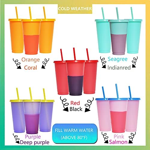 Color Changing Cups, 5 Pack 24oz Plastic Tumblers, Reusable Iced Coffee & Smoothie Cups with Lids and Straws for Parties and Travel (5 Changing, 5 Packs) - Image 2