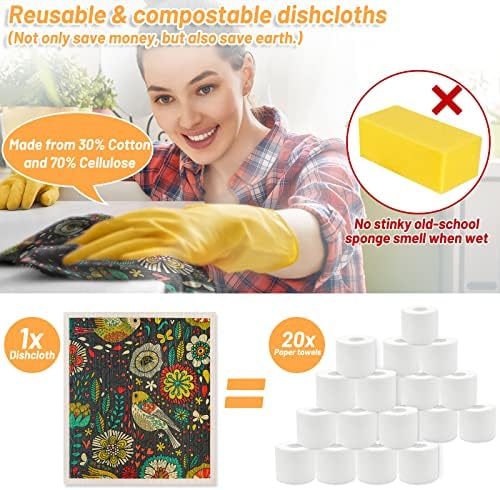 Lucomb 8 Pack Swedish Dishcloths for Kitchen, Reusable Soft Kitchen Towels Dish Cloths Set Absorbent Sponge Cleaning Washable Quick Drying Bar Hand Washing (Birds Flowers) - Image 6