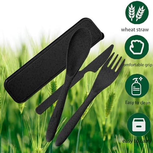 2Pack Black Wheat Straw Utensils, BPA Free Fork Spoon Knife with Case - Image 2