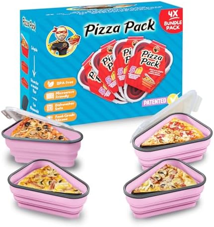 PIZZA PACK The Perfect Reusable Pizza Storage Container with 5 Microwavable Serving Trays - BPA-Free Adjustable Pizza Slice Container to Organize & Save Space, Pink 4 pk by PizzaPack%E2%84%A2