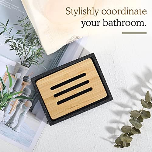 Luxspire Square Soap Dish, Bamboo Resin Drainage Holder, Black - Image 5