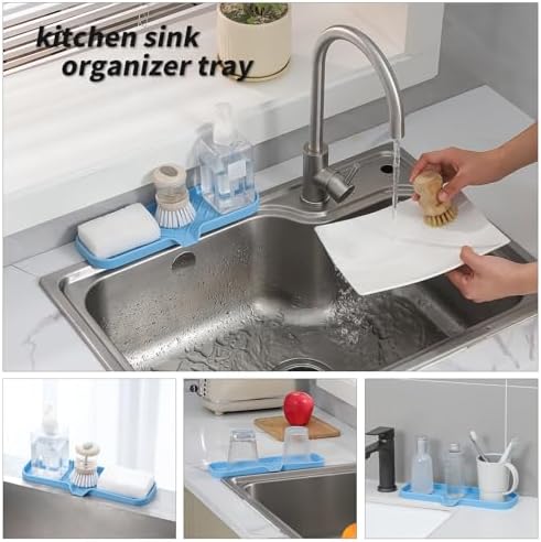 MicoYang Silicone Soap Dish with Drain Spout — Self-Draining Double Sink Organizer Tray for Kitchen & Bath, Dispensers, Sponges & Soap Holder, Non-Slip & Dishwasher Safe, Light Blue (Large, 12"×4") - Image 5