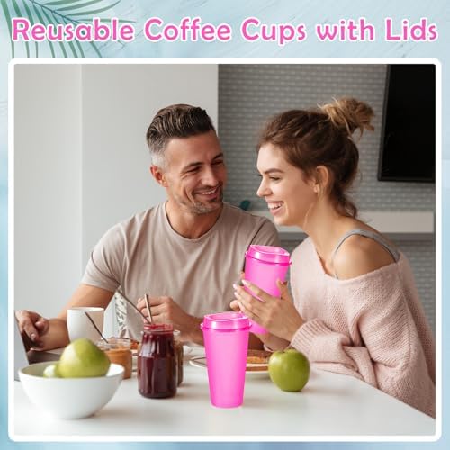 FillTouch 12 Pcs 16 oz Reusable Coffee Cups with Lids, Glitter Rose Red - Image 5