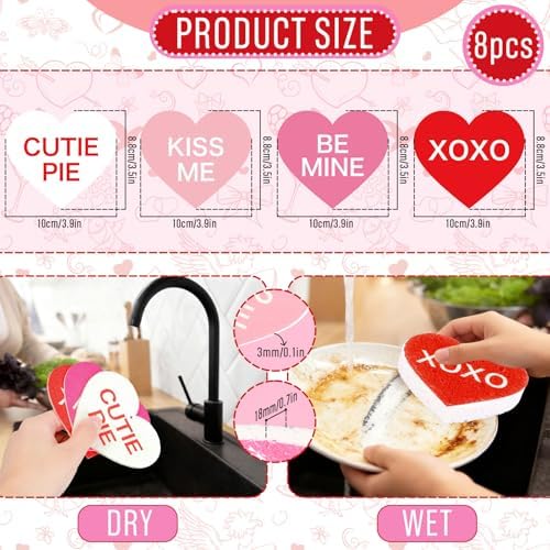 Whaline 8Pcs Valentine’s Day Kitchen Sponges Water Absorbing Dish Washing Sponge Red Pink Conversation Heart Non Scratch Cleaning Scrub Sponges for Holiday Home Kitchen Bathroom - Image 2
