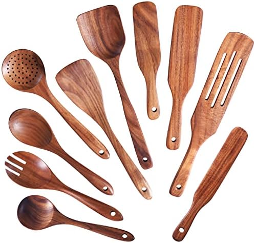 Wooden Spoons for Cooking,GUDAMAYE 10 PCS Wooden Kitchen Utensils Set,Wooden Cooking Utensils For Non-stick Pan,Teak Wood Utensils Set,Spurtles Kitchen Tools As Seen On Tv by Gudamaye-WoodenUtensilsSets