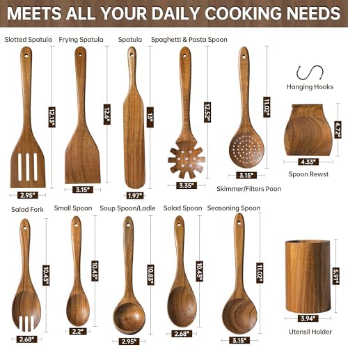 12 PCS Natural Acacia Wooden Utensil Set Wooden Spoons for Cooking - Image 5