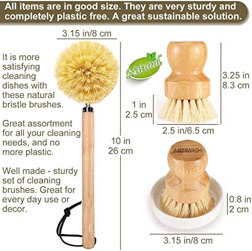 Wooden Dish Brush Set Clean Pots, Pans and Vegetable, Natural Bristles Bamboo Scrub Brushes with Ceramic Dish - 1 Long Handle Dish Brush + 2 Palm Scrubbing Brush - Image 2