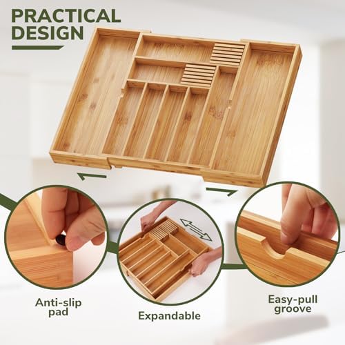BAMEOS Bamboo Drawer Organizer Expandable Kitchen Silverware Organizer with 7-9 Deep Compartments, Bamboo Reinforced Cutlery Tray, Adjustable Utensil Holder for Kitchen(16.1"-22.4" Wide, Natural) - Image 3