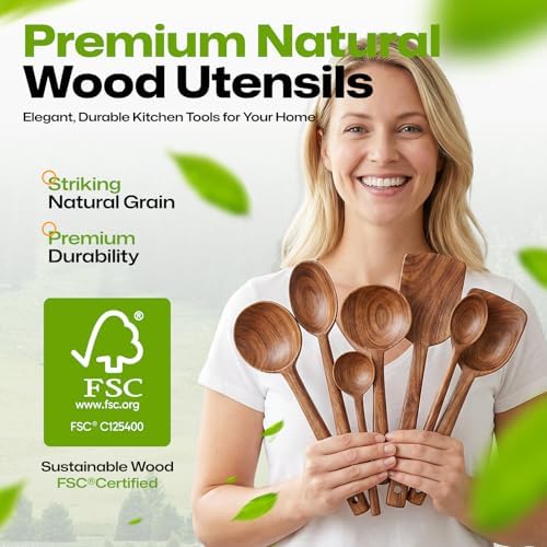 AIUHI 7 pcs Wooden Kitchen Utensil Set, Wooden Cooking Utensils Including Wood Spoon & Spatula, Non-stick Safe Wood Spoon for Cooking - Image 2
