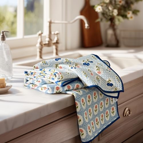 RECYCO Waffle Kitchen Towel Set of 2 - Quick Dry Microfiber Sustainable Dish Towels - Ultra Absorbent Reusable Cleaning Tea Towels - Lightweight Hand Towels,16”x 28”, Bloom Tiles by RECYCOHOMECOLLECTION