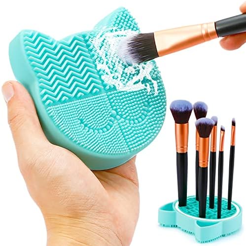 TailaiMei 2 in 1 Makeup Brush Cleaning Mat With Drying Holder, Silicon Cat Shaped Cleaner Pad, Cosmetic Organizer Rack, Portable Washing Tool for Makeup (Green) by TailaiMei