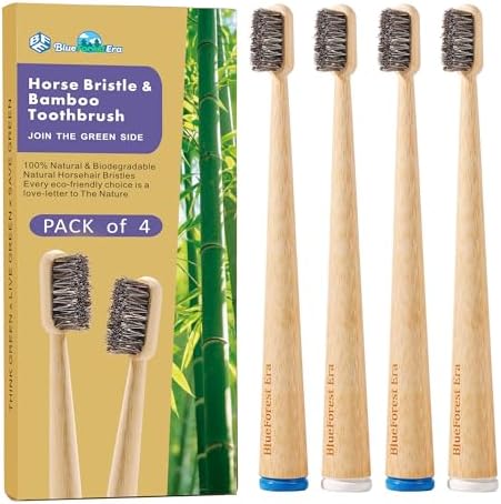 Horse Hair Toothbrush, All Natural Bamboo Toothbrush 4 Pack by BlueForestEra