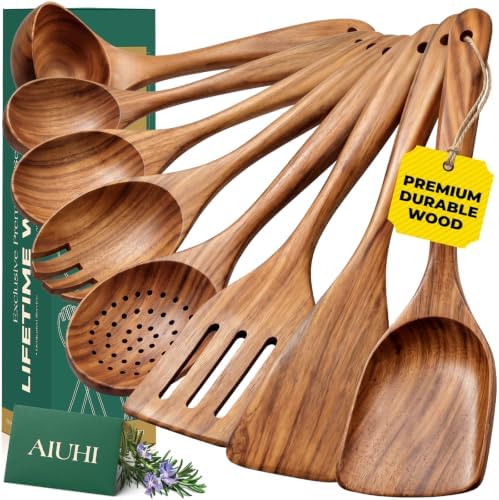 AIUHI Teak Wood 8-Piece Wooden Kitchen Utensils Set, Wooden Spoons for Cooking, Smooth Wood Spatula Set for Nonstick Cookware, Daily Cooking, Housewarming Gift by AIUHI